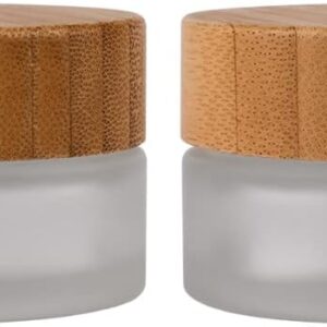 2Pcs 5g Empty Transparent Frosted Glass Cream Jar Bottle with Bamboo Lid Refillable Cosmetic Sample Containers Face Cream Dispenser Pot for Makeup Lotion Eyeshadow