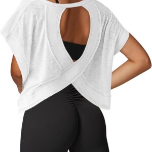 Open Back Workout Tops for Women Loose Fit Athletic Crop Tee Short Sleeve Gym Running Yoga Shirt