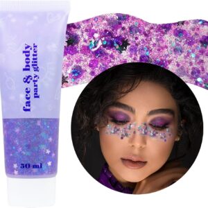 DAGEDA Body Glitter Gel, Face Glitters Body Gel Sequins Shimmer Liquid Eyeshadow, Chunky Glitter for Face Hair Nails, Holographic Cosmetic Laser Powder Festival Glitter Makeup1.7oz (Violet)