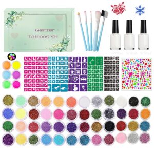 Temporary Glitter Tattoos Kit for Kids 48 Colors 6 Fluorescent 207 Stencils 2 Diamond Stickers 3 Glue 5 Brushes Arts Make Up Kit Party Christmas Halloween