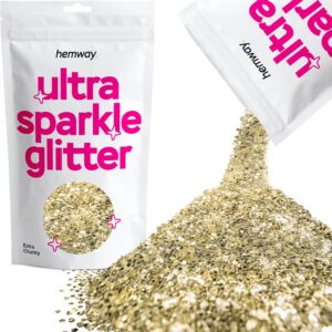 Hemway Premium Ultra Sparkle Glitter Multi Purpose Metallic Flake for Arts Crafts Nails Cosmetics Resin Festival Face Hair - Champagne Gold - Extra Chunky (1/24" 0.040" 1mm) 100g / 3.5oz