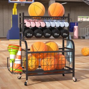 Ball Storage Rack Large Sports Equipment Garage Organizer Cart, Ball Rack for Basketball,Baseball, Football, Toys,Home Gym Multifunctional Sports Gear Storage for Indoor Or Outdoor