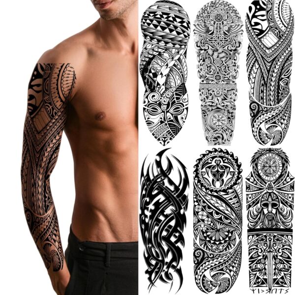 Totem Tribal Temporary Tattoo Sleeves, Full Arm Large Polynesian Hawaiian Tribal Fake Tattoos Sleeve For Men Women Adult, Black Viking Maori Temp Tatoo Sticker Leg Body Art Makeup, 6-Sheet