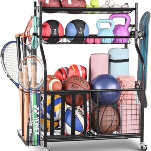 PLKOW Sports Equipment Organizer - Garage Storage Rack with Basket and Hooks, Ball Storage, Toy and Gear Organizer, Black