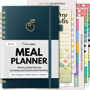 Life & Apples Meal Planner with Grocery List - Weekly Menu Plan and Prep, Healthy Diet and Weight Loss Tracking, 1 Year Undated Meal Planning Notebook, 5 X 8 Inch Spiral Notebook, Teal Blue