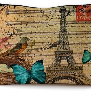 Modern Vintage Paris Eiffel Tower Floral Bird Butterfly Botanical Art Makeup Bag Travel Cosmetic Bags,Rustic French Style Cosmetic Bags with Zipper Pouch Travel Toiletry Case