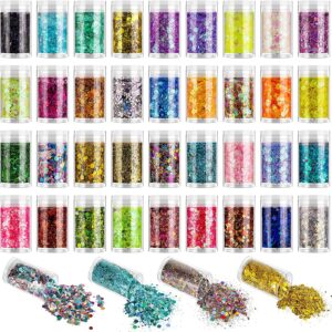 Holographic and Iridescent Chunky Glitter Sequins, 36 Colors Mixed Cosmetic Glitter for Face Body Eye Hair Nail Art Lip Gloss, Festival Glitter Makeup with Different Hexagons Size